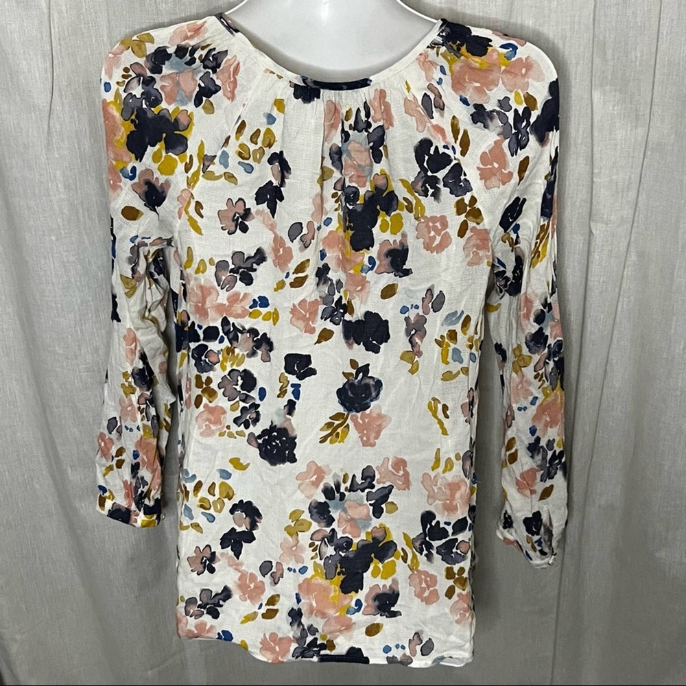 Lucky Brand White & Multicolor Floral-Print Peasant Tie Neck Crepe Blouse - Picture 6 of 16